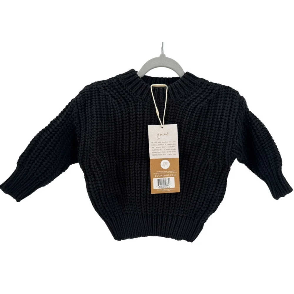 Goumi Kids Shadow Black Organic Cotton Chunky Knit Sweater Size 0-6 Months NEW - Picture 2 of 4
